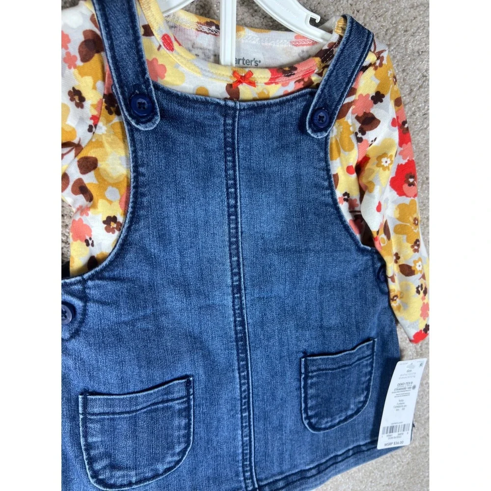 Carters Baby Girls 6M‎ 3-Piece Denim Jumper Floral Bodysuit and Tights Set NEW